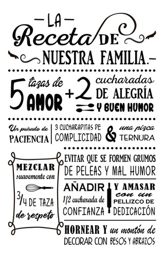 Imagen 1 de 1 de Vinilo Decorativo Para Pared Receta De Nuestra Familia 55x90