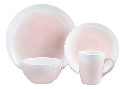 Set De Platos Comedor Cerámica Rosa Blanco 16 Pz Round Dinne