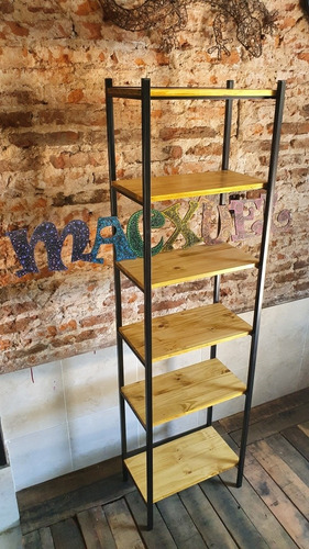 Imagen 3 de 6 de Biblioteca Industrial Madera Hierro 6 Estantes 50x30x180