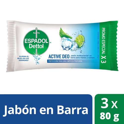Espadol Dettol - Jabon Antibacterial Active Deo 3 X 80 Gr