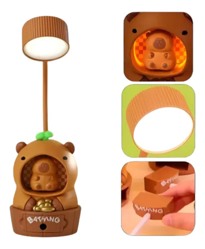 Velador Infantil Led Luz De Noche Capibara Usb Con Sacapunta Marrón Blanco