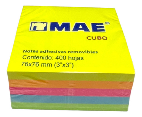 Cubo Notas Adhesivas 7.6x7.6cm Mae Neon Mix 3x3in 400 Hojas