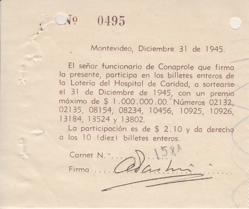 1945 Funcionarios Conaprole Cupon Para Rifa Fin De Año 