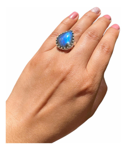 Anillo Ajustable Labradorita Azul L-002 Plata Fina Ley .925