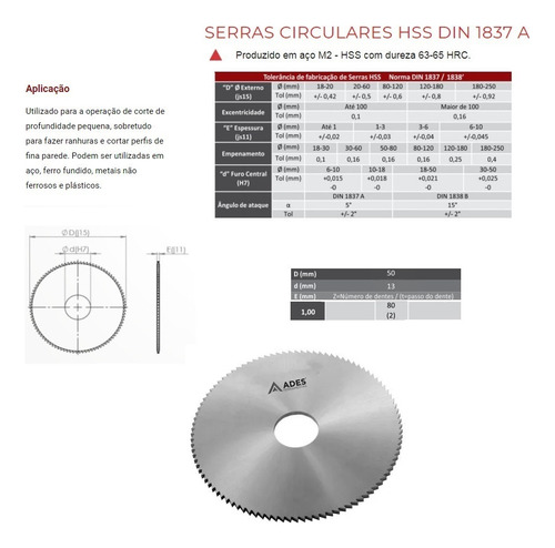 Disco Serra Circular Hss 50 X 1,0 X 13 Mm - 80 Dentes Ades