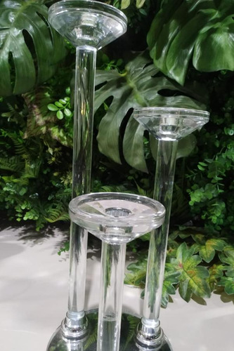 Castiçal De Cristal Liso Triplo Com Base Espelhada - 45cm