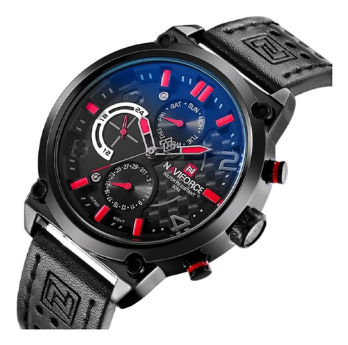 Relógio Masculino Naviforce Quartzo Aço 9068 Em Couro