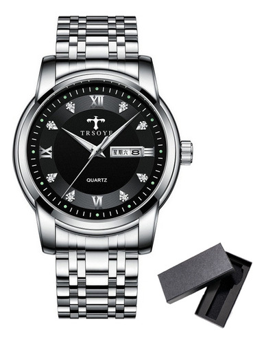 Reloj clásico de acero inoxidable Trosoye con calendario luminoso, color de fondo plateado y negro