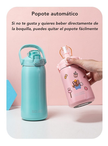 Termo Botella De Agua Acero Inoxidable Sticker Popote 1380ml Color Beige