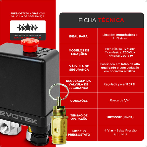 Pressostato Automático 80-120 Libras Compressor Schulz Tekna