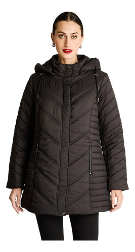 Parka Larga Con Cierre Frontal Y Gorro Negro Mujer Moda Invi
