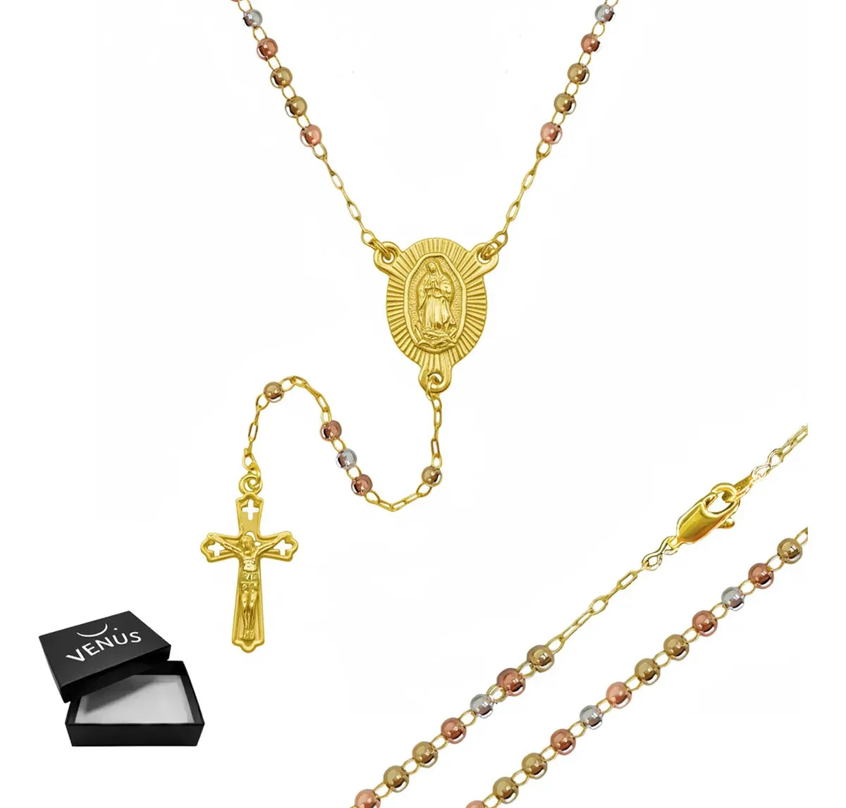 Rosario Con Dije Virgen De Guadalupe Baño Oro 18k Abalorio Católico Ideal Para Regalar En Boda Bautizo Primera Comunión Eventos Confirmación Unisex Hombre O Mujer