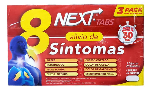 3 Pack Next Tabs Alivio Fiebre Y Garganta Con 20 Y 10 Tabs