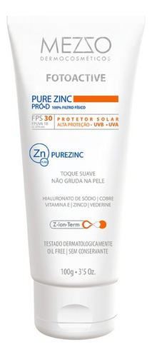 Protetor Filtro Solar Facial Pure Zinc Fps 30 Mezzo - 100g