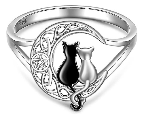 Anillo Gato Negro Con Nudo Celta Y Luna Creciente Para Mujer