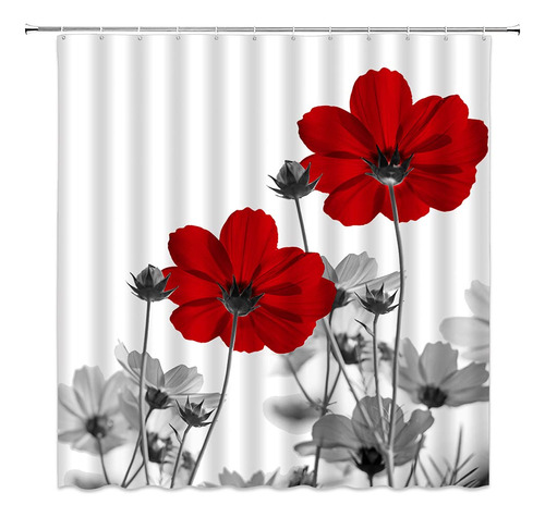 Feierman Cortina Ducha Diseño Floral Color Rojo Gris Blanco