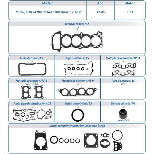 Juego De Juntas Nissan Tsuru 1.6 L. Motor Ga16de 97-06