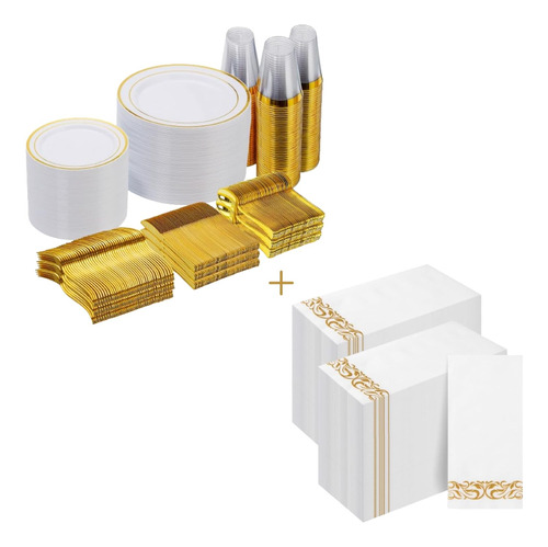 1000 Piece Gold Dinnerware Set For 100 Guests, Disposable Fo