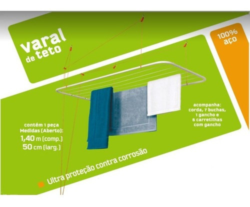 Varal De Teto Maxeb Com 1,40m X 50cm - 6 Varais - Resistente Cor Branco