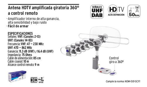 Antena Aerea Hdtv Amplificada Giratoria Control - 48114