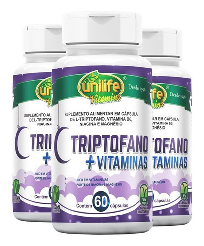 Kit 3 L-triptofano + Vitaminas Da Unilife - 60 Cápsulas Sabor Sem Sabor