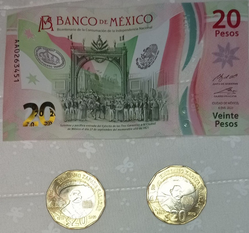 2 Monedas De 20 De Emiliano Zapata Un Billete De 20 Serie Aa