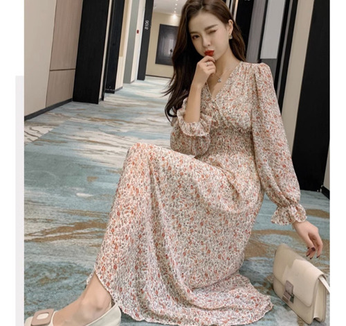 Vestido Midi De Manga Larga Con Cuello En V Y Estampado Flor