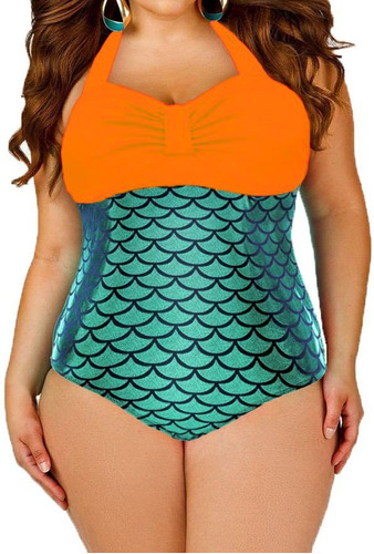Traje De Baño Monokini Naranja Verde Mermaid Push Up 41840