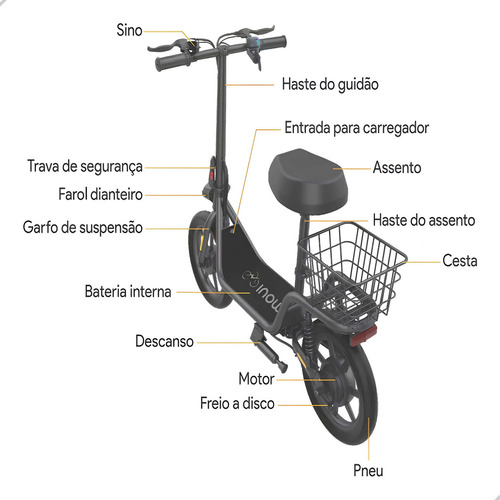 Bicicleta eletrica Inow M13 400w dobrável com cesto suporta 150kg 25km/h
