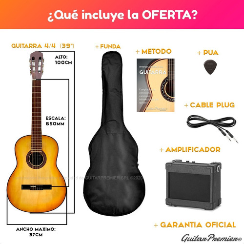 Imagen 2 de 10 de Pack Guitarra Electrocriolla Corte Ampli Funda Cable Manual