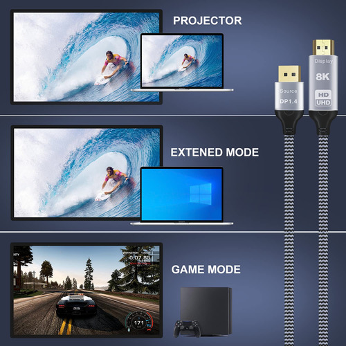 Cable Hdmi 2.1 A Displayport 1.4 8k@30hz 4k@120hz 1.8m