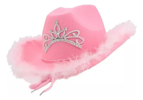 Sombrero Cowboy Rosa Tiara Plumas Disfraz Barbie Vaquera