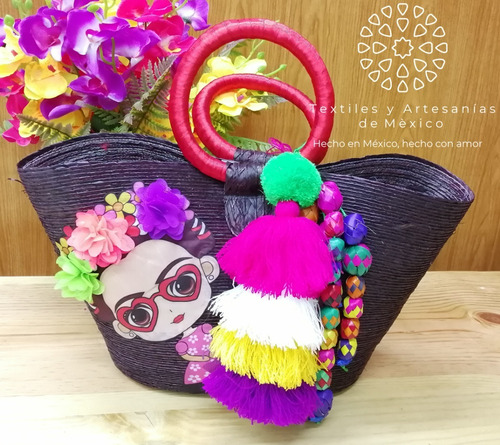 Hermosa Bolsa Palma Real Artesanal Con Aplicación Frida 