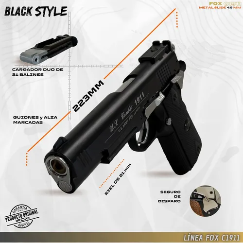 Pistola Fox Metal Slide Combat Colt 1911 Balines Funda 3c.