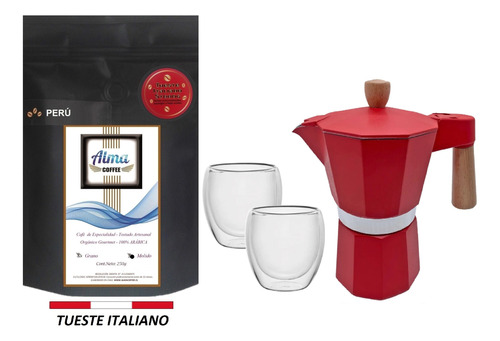 Pack Café Especialidad Strong + Cafetera Italiana + 2 Tazas