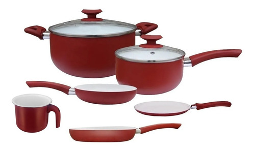 Set Bateria X6 Pzas Porcelana Rojo Cerámica Jarro Sarten Tv