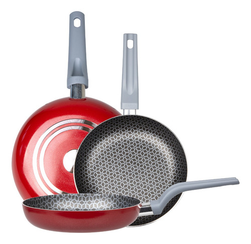 Juego De 3 Sartenes + Tapa De Cristal Ekco C/antiadherente Rojo