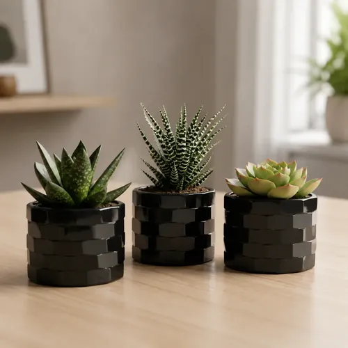 3 Vasos Cachepot Moderno Suculentas Cactos Ervas Flores Quad Preto