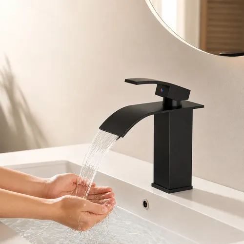Heemli Torneira Cascata Bica Baixa Quadrada Banheiro Prata Preto