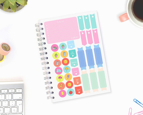 Libreta Espiral Pasta Dura Con Stickers, Tipo Bullet Journal