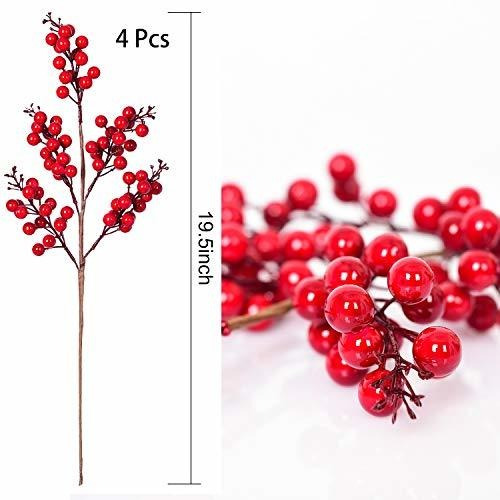 - Paquete De 4 Tallos De Bayas Rojas Artificiales, Bayas Nav
