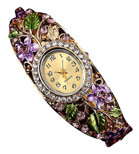 Reloj De Cuarzo Con Brazalete De Flores De Cristal Para Muje