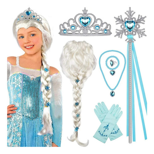 Peluca Infantil Elsa Frozen Cosplay Fantasy Girl, 7 Piezas