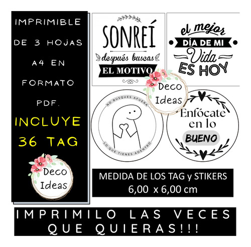 Imagen 2 de 5 de Kit Imprimible 02 Frases Positivas Tarjetas Topper Stikers