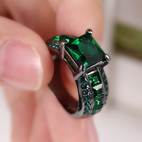 Anillo Acero Negro Verde Enchapado Circon Piedras