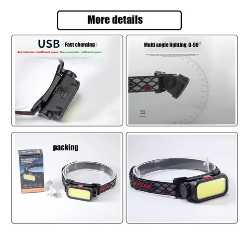 Linterna Frontal Led Potente Con Carga Usb, 4 Modos De Ilumi