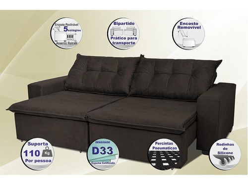 Sofá Austrália 2,92 Mts Retrátil, Reclinável Com Molas e Pillow no Assento Tecido Suede Café - Cama InBox
