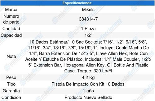 Pistola Impacto 1/2 Torque 320 Lb/ft Kit De 10 Dados Mike