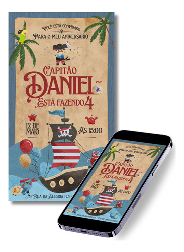 Convite Virtual Infantil Tema Pirata Personalizado