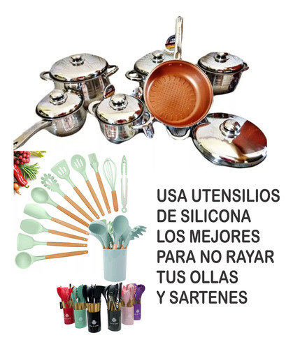 Juego De Ollas Acero Quirúrgico 12 Piezas + 12 Utensilios Plateado